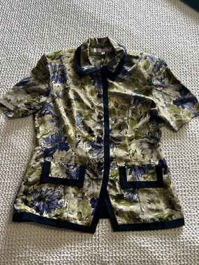 DIPCI Vintage Cottagecore 70’s Olive Navy Floral Flowy Short-Sleeve Satin Blouse